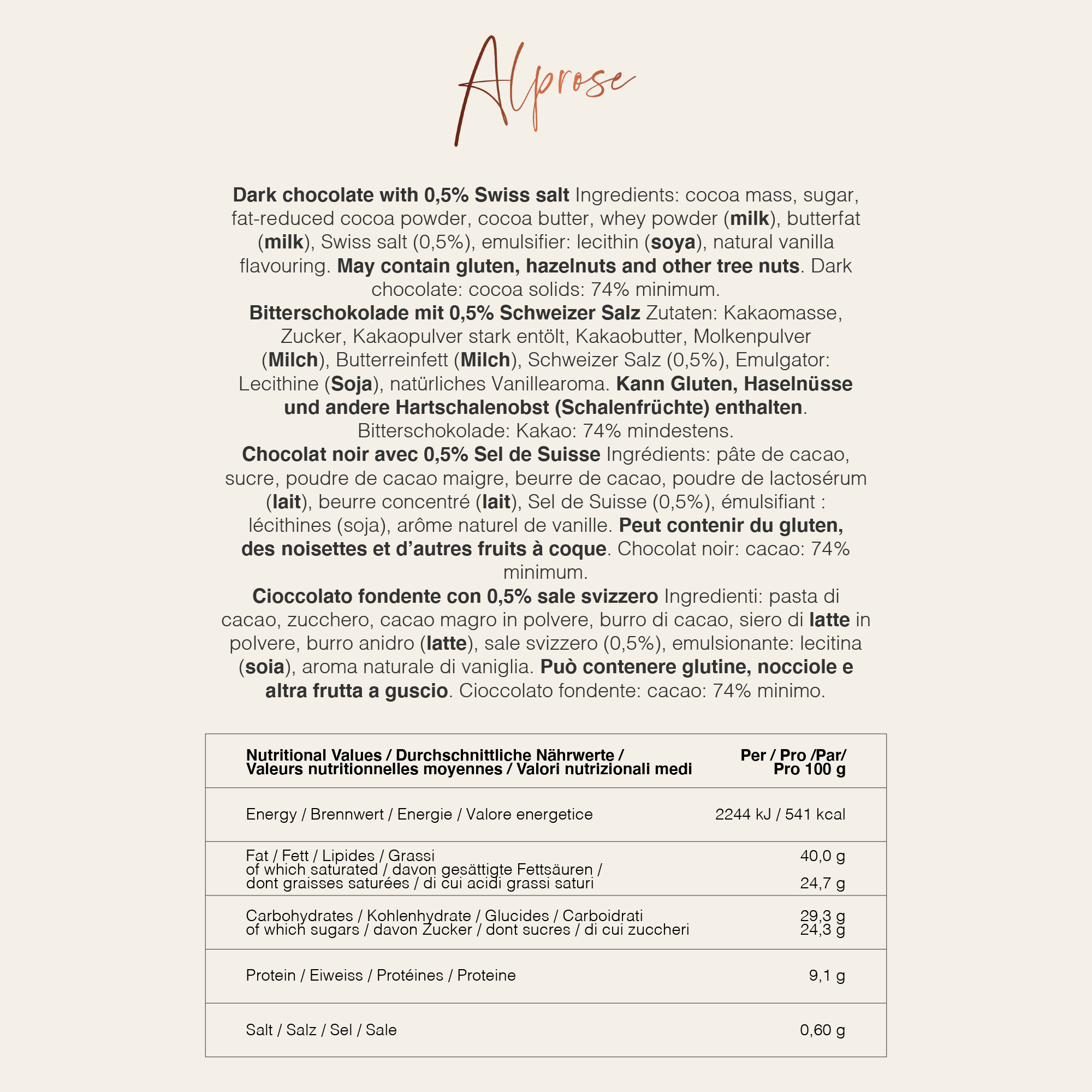 Alprose Dark 74% hořká čokoláda 100 g se švýcarskou solí