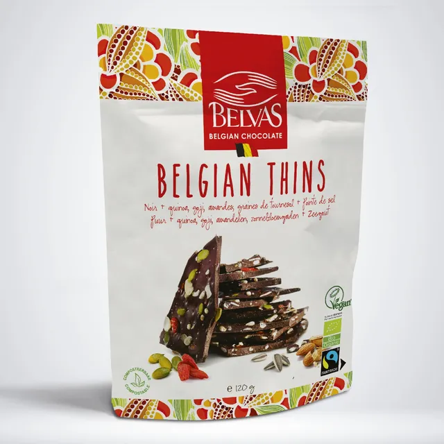 Belgian Thins Belvas čokoláda 120 g quinoa goji