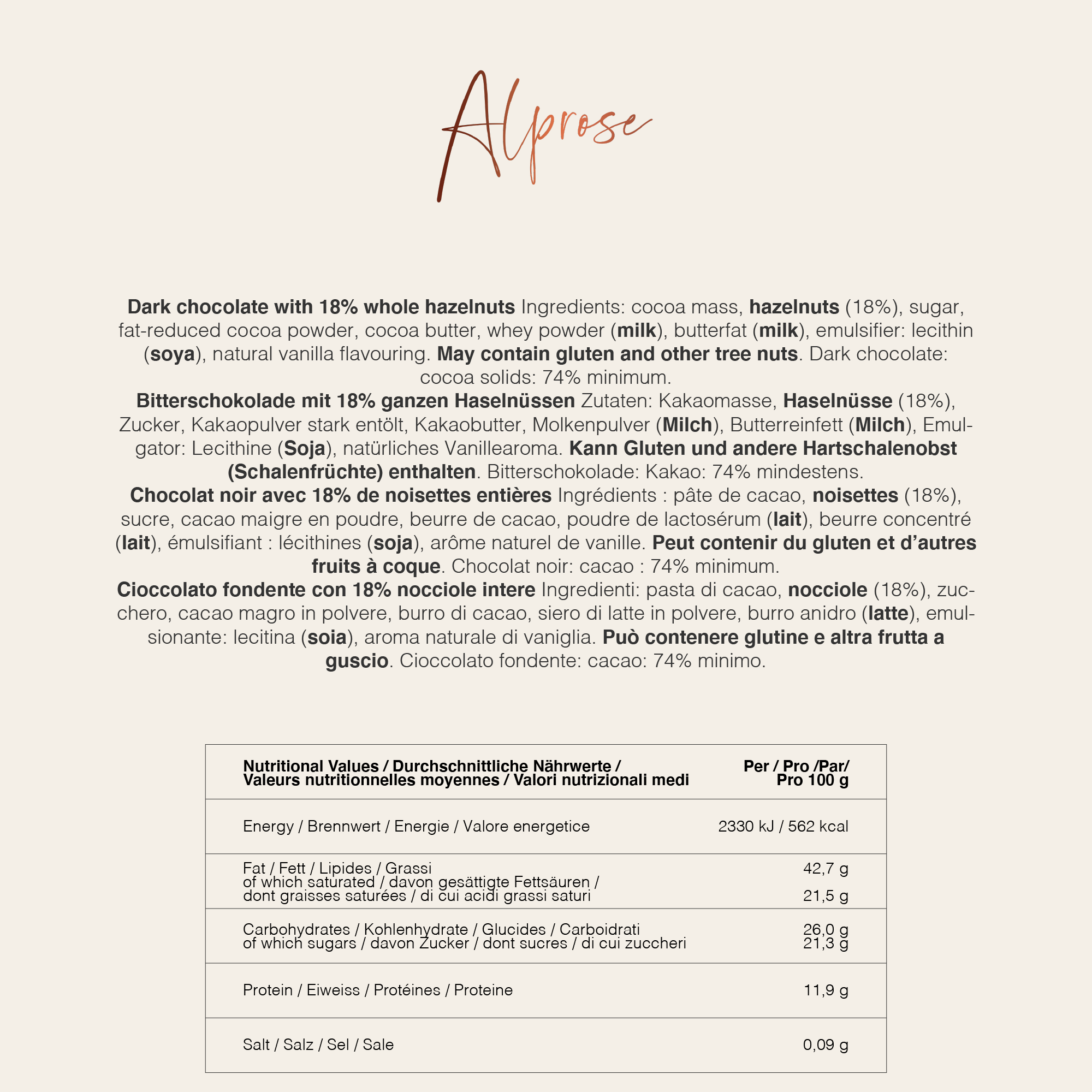 Alprose Dark 74% tabulka hořká čokoláda lískové ořechy 300 g
