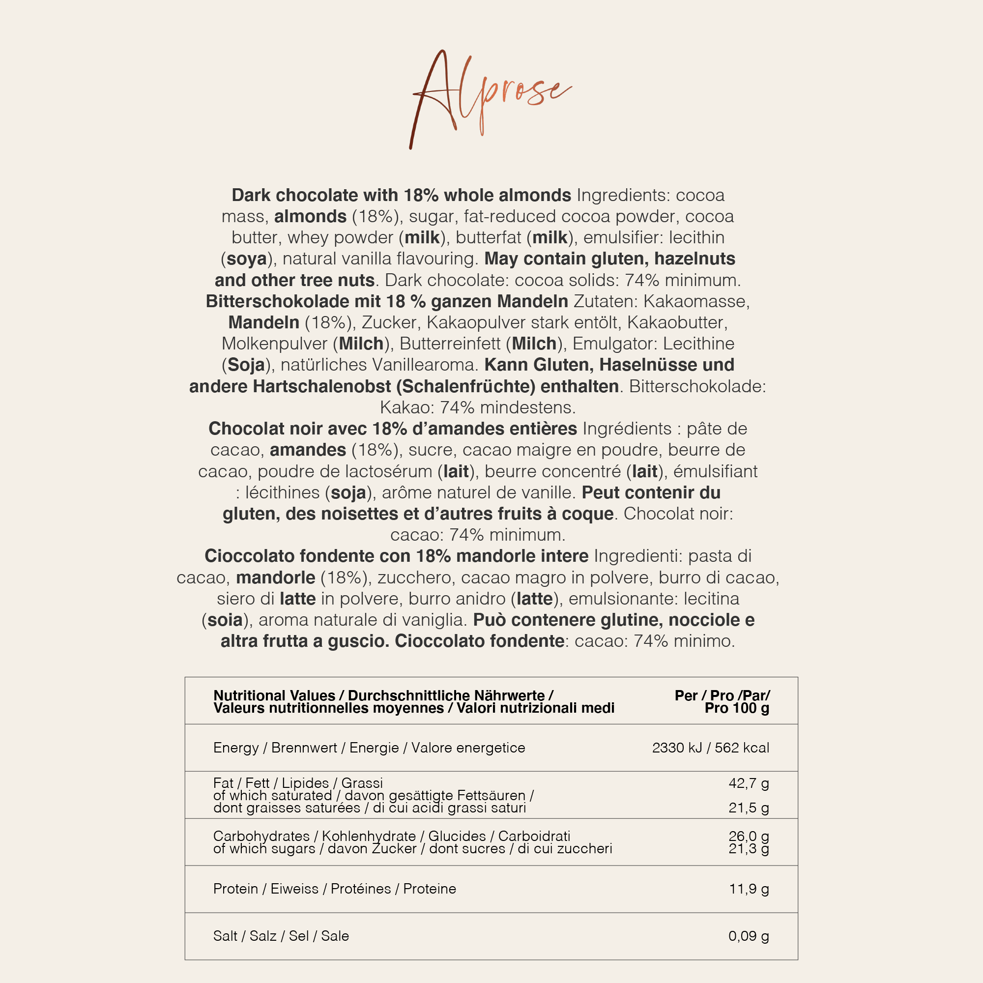Alprose Tablets Dark 74% čokoláda 100 g mandle hořká