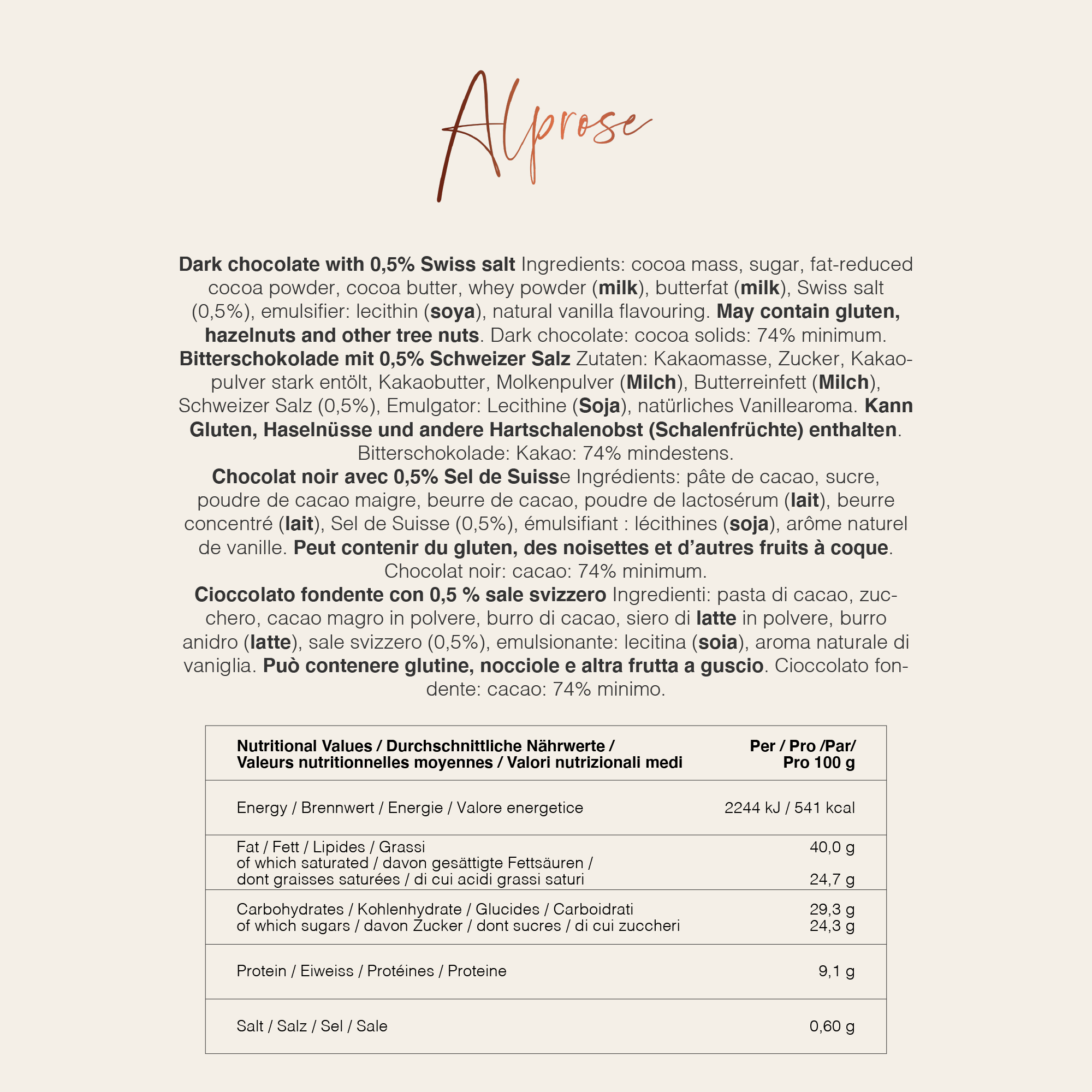 Alprose Dark 74% tabulka hořká čokoláda švýcarská sůl